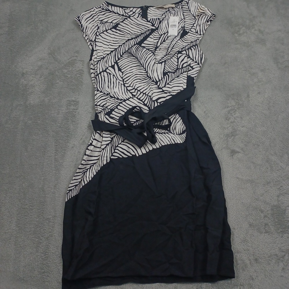 Loft Dress Womens 6 Black Geometric Belted Short Sleeve Chic Preppy NWT